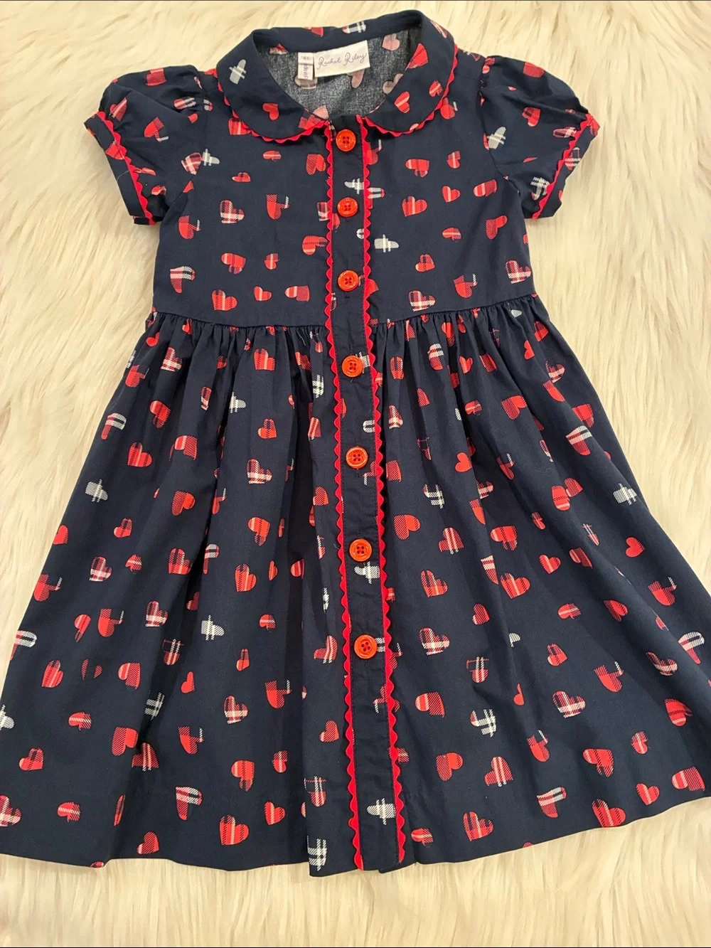 Rachel Riley Girls Navy Dress with Heart Print